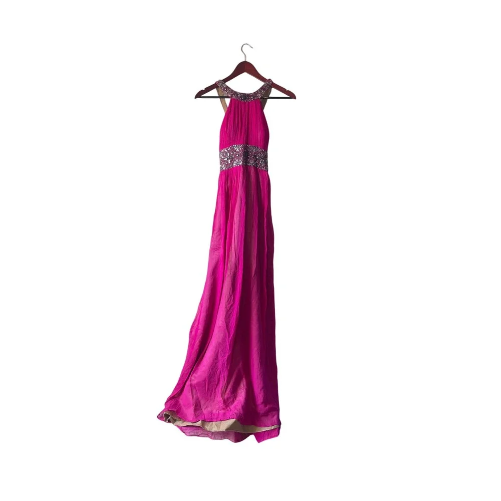 Y2k Adrianna Papell Evening Magenta Pink Beaded Halter Chiffon Gown Dress Xsmall